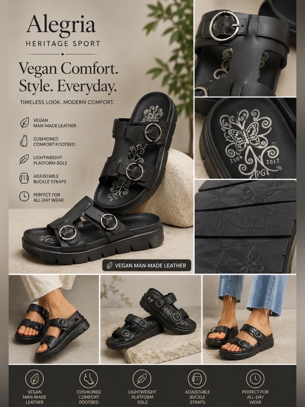 Alegria Heritage Sport Vegan Leather Platform Slide Sandals Black Sz 38 Comfort